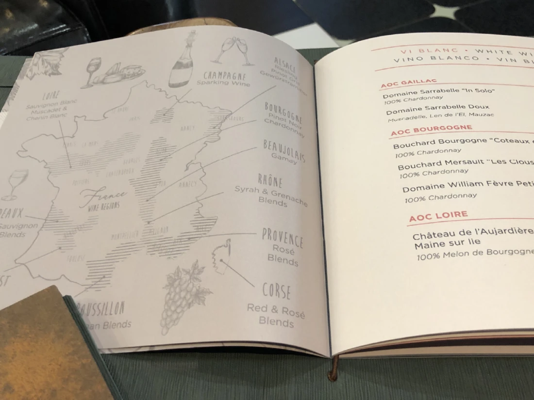 carta de vinos con mapa de Francia